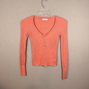 Y2K Fitted Snap Coral Pink Ribbed Henley Long Sleeve Top Small Bella Swan